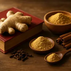 Gingembre frais, en poudre, cannelle et clous de girofle sur un livre rouge. Découvrez comment consommer le gingembre pour ses bienfaits.