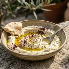 Un bol de houmous crémeux, garni d'huile d'olive, de sumac et de graines de cumin, avec un morceau de pain pita.