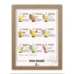 Affiche illustrant plusieurs recettes de rhum arrangé : ananas vanille, mangue cannelle, citron gingembre vanille, etc.