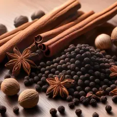 Bâtonnets de cannelle, grains de poivre noir, anis étoilé et noix de muscade forment un mélange 4 épices invitant à la cuisine.