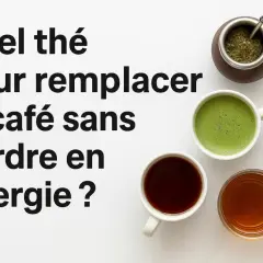 Trois tasses de thé, dont un matcha vert vif, et une calebasse de maté, suggèrent des alternatives au café pour maintenir son énergie.