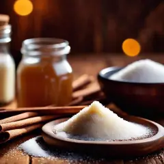 Ambiance chaleureuse avec bâtons de cannelle, miel, bougie et un tas de sucre vanillé maison prêt à parfumer vos desserts.