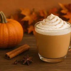 Une tasse de boisson automne crémeuse, garnie de chantilly et de cannelle, à côté d'une citrouille et d'épices.