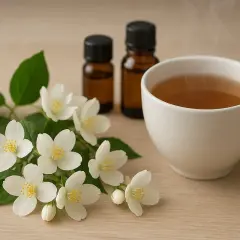 Fleurs de jasmin, deux flacons d'huile essentielle et une tasse de thé fumant. Une invitation à découvrir les jasmin bienfaits pour le bien-être.