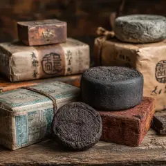 Des blocs de thé Pu-erh, un thé **fermenté** aux arômes complexes, sont présentés sur un fond rustique en bois.