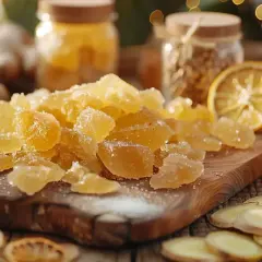 Gingembre confit scintillant sur une planche en bois, entouré de citrons séchés et de racines de gingembre frais.