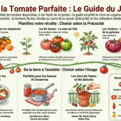 Guide du jardinier : choisir la tomate parfaite. Illustrations de tomates, salades, sauces et poivres. Idéal pour le jus de tomate.