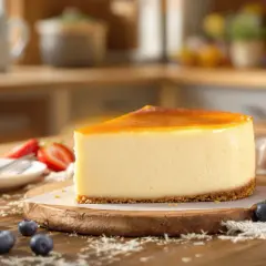 Tranche de cheesecake japonais onctueux, garnie de fraises et myrtilles, sur une planche en bois.