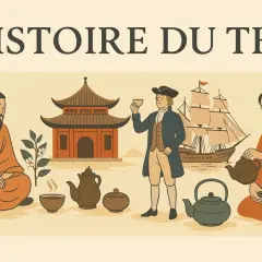 Illustration de l'histoire du thé : un homme asiatique, un européen et une femme asiatique partagent cette boisson, avec un bateau et un temple.