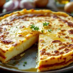 Une délicieuse tortilla espagnole, dorée et savoureuse, est servie sur une assiette. Des œufs et des oignons sont visibles en arrière-plan.