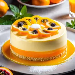 Un délicieux entremet orange, garni de fruits frais et de baies noires, repose sur un lit de sauce orange vif.