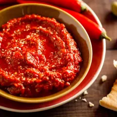 Un bol de harissa maison, prêt à être dégusté avec du pain pita. Une recette simple pour un goût authentique.