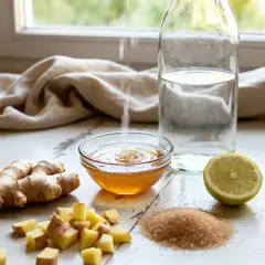 Préparation du jus de gingembre : gingembre frais, citron, miel et sucre brun sur une table en bois.