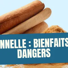 Bâtonnets et poudre de cannelle. Le texte indique "Cannelle : bienfaits & dangers", soulignant les dangers potentiels de cette épice.