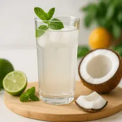 Verre de boisson rafraîchissante à l'eau de coco, garni de menthe. Citrons verts, noix de coco et gingembre en arrière-plan. Une recette légère et saine.