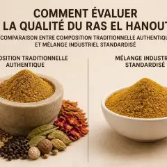 Comparaison de la qualité du **raz el hanout** : un mélange traditionnel authentique dans un mortier face à un mélange industriel standardisé dans un bol.