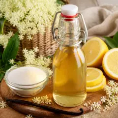 Bouteille de sirop de sureau, citrons, sucre et fleurs de sureau sur une planche en bois.