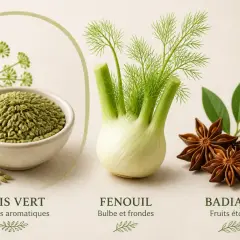 Anis vert, fenouil et badiane : des épices aux arômes subtils. Le fenouil, avec ses frondes aériennes, complète les graines d'anis vert et les fruits étoilés de la badiane.
