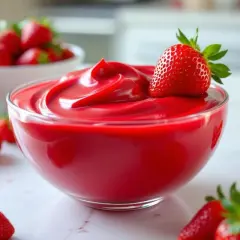 Un bol de ganache framboise rouge vif, garni d'une fraise fraîche. Une recette sans chocolat blanc pour un dessert fruité.