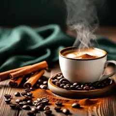Une tasse de café fumant, parsemée de cannelle, entourée de grains de café et de bâtons de cannelle sur une table en bois.