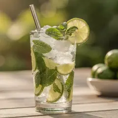 Un verre de mocktail mojito rafraîchissant avec menthe, citron vert et glaçons, sur une table en bois ensoleillée.