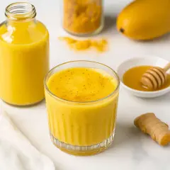Un verre et une bouteille de smoothie gingembre, avec du miel, du curcuma et un morceau de gingembre frais.