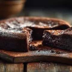 Gâteau au chocolat intense, saupoudré de sucre glace. Une tranche est retirée, révélant sa texture fondante. Parfait pour une recette de black cake.