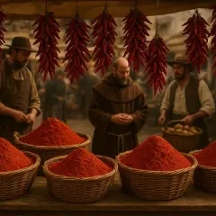 Marché médiéval avec des paniers de poudre de paprika rouge vif. Des piments séchés pendent au-dessus, et des marchands en tenue d'époque servent les clients.
