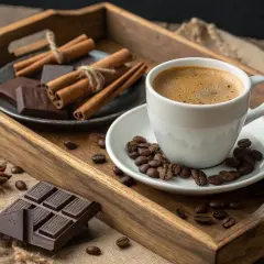 Une tasse de café fumant, du chocolat noir, des bâtons de cannelle et des grains de café sur un plateau en bois. Un délice pour les amateurs de thé et de chocolat.