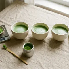 Trois bols de matcha mousseux, une balance, une cuillère en bambou et un fouet. La préparation parfaite pour une dose de matcha cafeine.