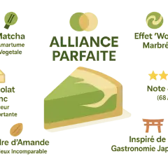 Tranche de **cake matcha chocolat blanc** marbré, alliance parfaite de saveurs végétales et douces, inspirée du Japon.