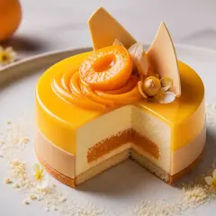 Un délicieux entremet abricot, glacé et garni de fruits frais, sur une assiette blanche décorée de miettes et de fleurs.