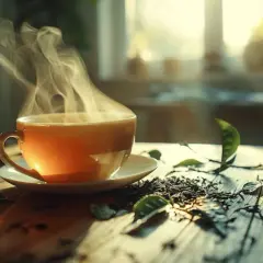 Une tasse de thé fumante, probablement du earl grey, sur une table en bois, entourée de feuilles de thé et de lumière douce.