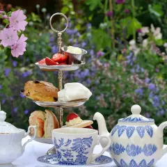 Un délicieux tea time en plein air avec scones, fraises et thé. Un moment de détente au jardin.