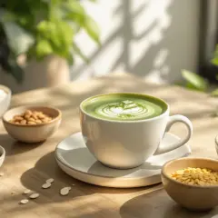 Tasse de matcha sans lait, ornée d'un motif délicat, entourée de bols d'amandes, de flocons de riz et de graines.