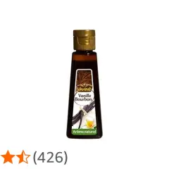 Bouteille d'extrait de vanille Bourbon Vahiné, arôme naturel, avec des gousses de vanille et une fleur.