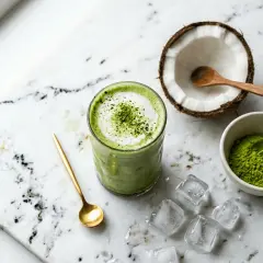 Un verre de houmous claire au matcha, garni de poudre verte, à côté d'une noix de coco ouverte et de glaçons.