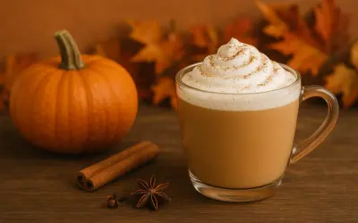 Une tasse de boisson automne crémeuse, garnie de chantilly et de cannelle, à côté d'une citrouille et d'épices.