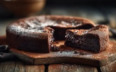 Gâteau au chocolat intense, saupoudré de sucre glace. Une tranche est retirée, révélant sa texture fondante. Parfait pour une recette de black cake.