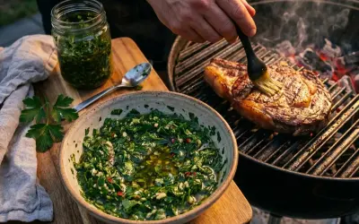 Un steak grillé est badigeonné avec une sauce chimichurri fraîche. Une autre portion de sauce est dans un bol à côté.