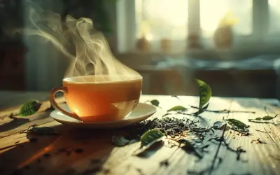 Une tasse de thé fumante, probablement du earl grey, sur une table en bois, entourée de feuilles de thé et de lumière douce.