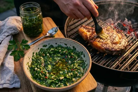 Un steak grillé est badigeonné avec une sauce chimichurri fraîche. Une autre portion de sauce est dans un bol à côté.