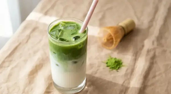 Un verre de pâte minute claire au matcha, glacé et rafraîchissant, avec une paille rose. Un fouet à matcha et une pincée de poudre verte à côté.