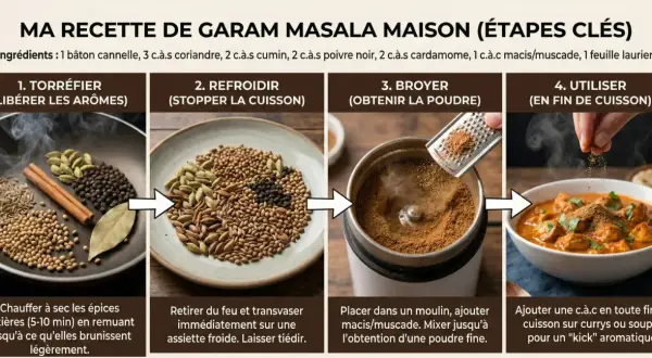 Étapes clés pour une recette de garam masala maison : torréfier, refroidir, broyer les épices, puis les utiliser pour parfumer vos plats.