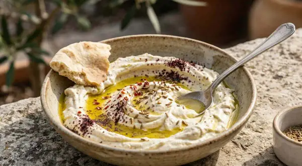 Un bol de houmous crémeux, garni d'huile d'olive, de sumac et de graines de cumin, avec un morceau de pain pita.
