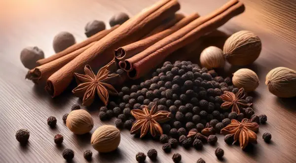 Bâtonnets de cannelle, grains de poivre noir, anis étoilé et noix de muscade forment un mélange 4 épices invitant à la cuisine.