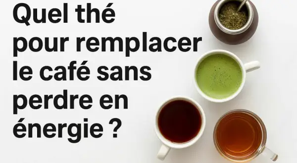 Trois tasses de thé, dont un matcha vert vif, et une calebasse de maté, suggèrent des alternatives au café pour maintenir son énergie.
