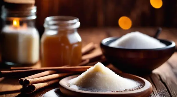Ambiance chaleureuse avec bâtons de cannelle, miel, bougie et un tas de sucre vanillé maison prêt à parfumer vos desserts.