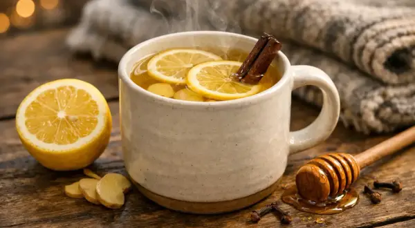 Une tasse fumante de grog sans alcool, garnie de rondelles de citron et d'un bâton de cannelle, avec du miel et du gingembre à proximité.
