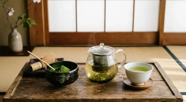 Préparation d'un thé vert japonais. Poudre de matcha, fouet, théière en verre fumante et tasse invitent à découvrir quel est le meilleur thé vert.